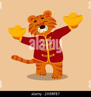 A cute cartoon tiger in a red jacket is holding gold bars. Chinese 2022 year sign. Korea lunar new year. Holiday banner poster. Vector flat Stock Vector