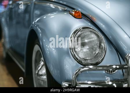 Izmir, Turkey - June 21, 2021: Close up shot of a Volkswagen beetle blue car which produced in 1963. Editorial Shot in Izmir Turkey. Stock Photo