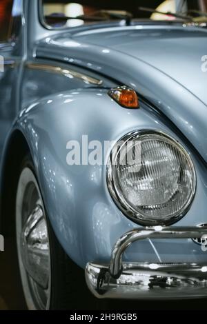 Izmir, Turkey - June 21, 2021: Close up shot of a Volkswagen beetle blue car which produced in 1963. Editorial Shot in Izmir Turkey. Stock Photo