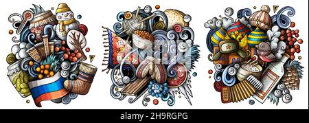 Brazil cartoon vector doodle designs set. Colorful detailed compositions with lot of traditional symbols. Isolated on white illustrations Stock Vector