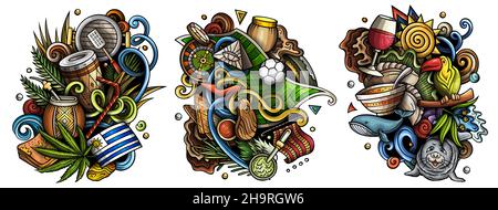 Uruguay cartoon vector doodle designs set. Colorful detailed compositions with lot of traditional symbols. Isolated on white illustrations Stock Vector