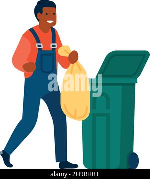 Man taking out trash bag. Repairman throwing garbage Stock Vector