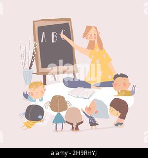 Cartoon Cute Teacher with Funny Preschoolers in the Classroom Stock Vector
