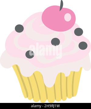 Cute cupcake with cherry on top. Sweet pink cartoon muffin Stock Vector