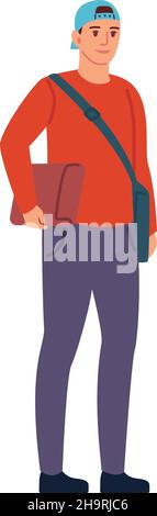 Young man in cap standing with school bag. Happy student Stock Vector