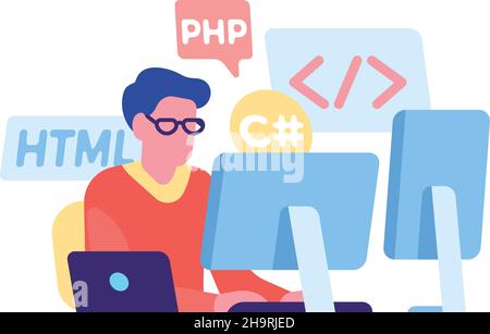 Man coding at computer. Web development engineer working with programming languages Stock Vector