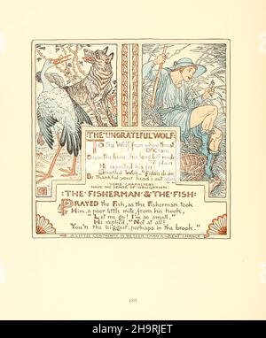 The Ungrateful Wolf and The Fisherman and the Fish from Triplets : comprising, The baby's opera, The baby's bouquet, and The baby's own Æsop ( Aesp ) being the fables condensed in rhyme with portable morals pictorially pointed by Walter Crane. Engraved and printed in colours by Walter Crane, Lucy Crane, and Edmund Evans, Published in 1899 Stock Photo