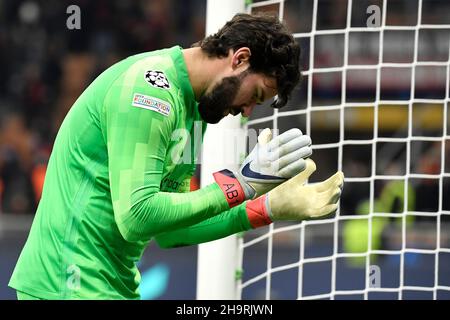 Milano, Italy. 07th Dec, 2021. Alisson Becker of Liverpool reacts during the Uefa Champions League group B football match between AC Milan and Liverpool at San Siro stadium in Milano (Italy), December 7th, 2021. Photo Andrea Staccioli/Insidefoto Credit: insidefoto srl/Alamy Live News