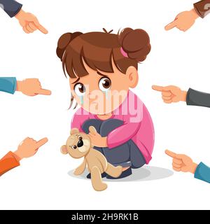 Concept of child abuse prevention. Crying girl sitting on floor, people mocking her. Problem of bullying. Stock vector illustration on white backgroun Stock Vector