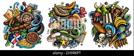 Dominican Republic cartoon vector doodle designs set. Colorful detailed compositions with lot of traditional symbols. Isolated on white illustrations Stock Vector