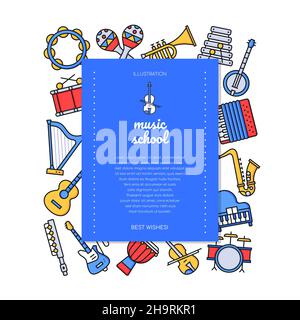 Music school - vector flat design style banner with copy space for text. Lessons on playing different instruments. Notation, training of musicians. Su Stock Vector