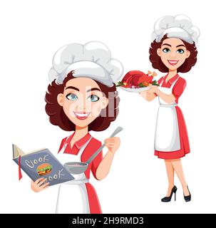 Chef woman, set of two poses. Cook lady in professional uniform. Cute cartoon character. Stock vector illustration. Stock Vector