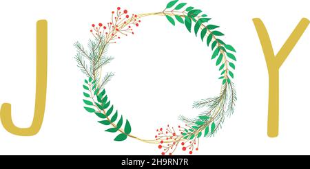 Joy christmas wreath vector drawing greeting card Stock Vector