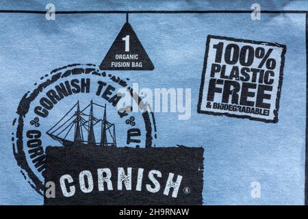 100% plastic free & Biodegradable - detail on Cornish organic fusion bag Earl Grey teabag tea bag Stock Photo