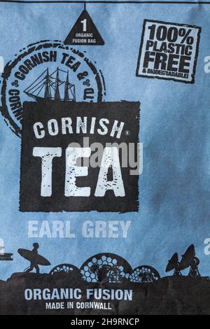 100% plastic free & Biodegradable - detail on Cornish organic fusion bag Earl Grey teabag tea bag - made in Cornwall UK Stock Photo