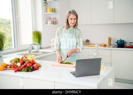 Portrait of attractive focused grey-haired woman preparing homemade dinner watching video tutorial recipe at home light white indoors Stock Photo