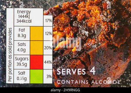 Nutritional information traffic lights system labelling colour coded label information on box of Waitrose Christmas Pudding Stock Photo