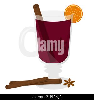 Mulled wine in a cup with cinnamon, orange and star anise Stock Vector