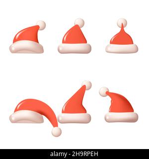 Realistic 3d Detailed Red Santa Hats Set Symbol of Season Holiday and Winter Celebration . Stock Vector