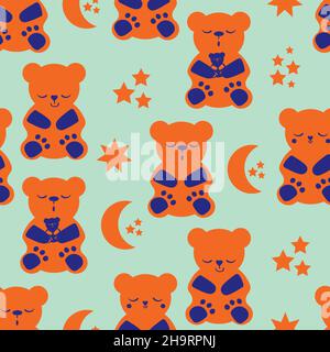 Cute sleepy kawaii bears, stars moon vector seamless pattern background. Neon orange, indigo blue backdrop with teddy bear and celestial shapes Stock Vector