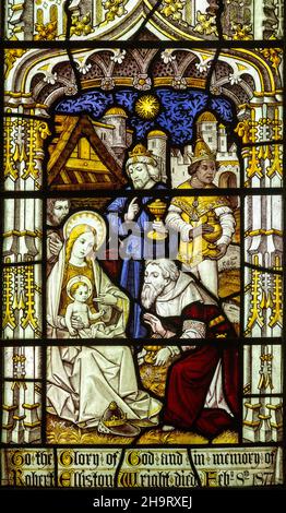 Detail of stained glass window depicting adoration of Magi, Edwardstone church, Suffolk, England, UK c 1877 by Burlison & Grylls Stock Photo