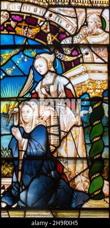 Renaissance Flemish style stained glass window detail of with two women, by J. Fisher c 1903, Barsham church, Suffolk, England, UK Stock Photo