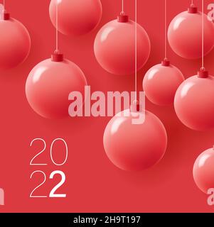 New year poster with 3d red mono chrome balls on red backdrop, upcoming 2022 year Stock Vector