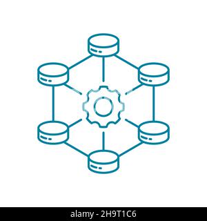 Database servers with a gear. Big data framework line icon. Data architecture network. Data analysis. Information storage. Vector illustration. Stock Vector