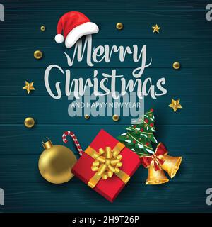 merry Christmas greeting with green wooden background. vector illustration design Stock Vector