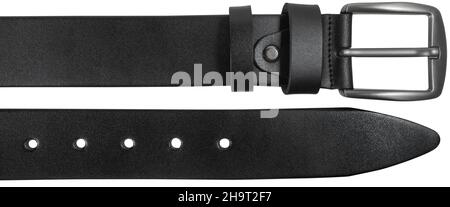 Ends of black smooth leather belt with classic buckle isolated on white background Stock Photo