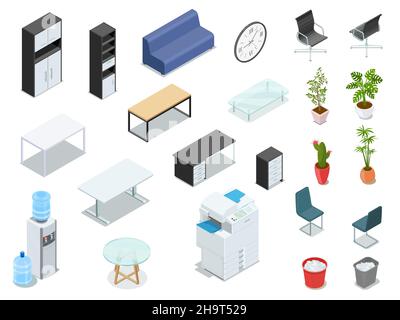 Office interior objects such as furniture, indoor plants and equipment as multifunction printer and water cooler Stock Vector