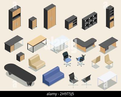 Office furniture isometric illustration collection. Flat isometric vector illustration. Stock Vector