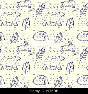 Hand drawn seamless pattern of cute children's illustrations. Repeatable print of forest animals and leaves. Funny elements in doodle style Stock Vector