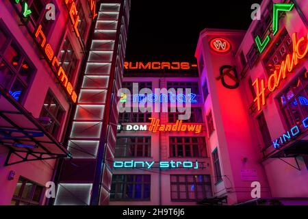 Evening shots at Galeria Neon Side in Wrocław in Poland. A feast for the eyes of old neon signs from around Poland, all in one sheltered courtyard. Stock Photo