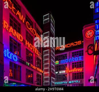 Evening shots at Galeria Neon Side in Wrocław in Poland. A feast for the eyes of old neon signs from around Poland, all in one sheltered courtyard. Stock Photo