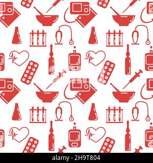 Medical Seamless pattern Vector illustration Cardiogram Tonometer Pressure measurement Pills Ampoule Flask Syringe Heart Stethoscope Blood glucose met Stock Vector