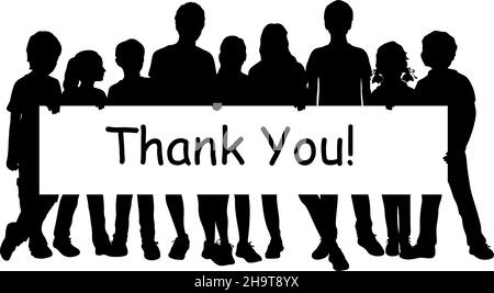 Silhouettes boys and girls holding banner with word Thank You. International Thank You Day. Stock Vector