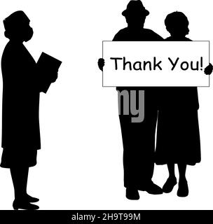 Silhouettes of grandparents holding placard with the word Thank doctors. I Stock Vector