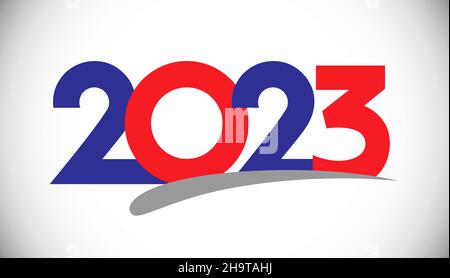 Happy New Year 2023. Red ribbon, pennant with the number 2023 for New