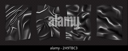 Black wrinkled rectangular sheet with latex texture set vector illustration. 3d realistic crumpled plastic food packaging, glued glossy paper or pvc stretch packing material on black background Stock Vector