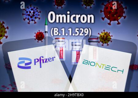 Asuncion, Paraguay. 8th Dec, 2021. Illustration: In-camera multiple exposure image shows logos of Pfizer and BioNTech on smartphone in front of the designation ''Omicron (B.1.1.529)'' and visual representation of virus, medical syringe and ampoules labeled COVID-19. Pfizer Inc. (NYSE: PFE) and BioNTech SE (Nasdaq: BNTX) today announced results from an initial laboratory study demonstrating that serum antibodies induced by the Pfizer-BioNTech COVID-19 vaccine (BNT162b2) neutralize the SARS-CoV-2 Omicron variant after three doses. (Credit Image: © Andre M. Chang/ZUMA Press Wire)
