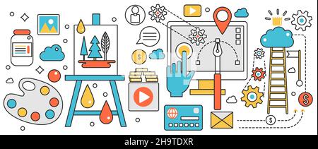 Process of creating personal portfolio. Employment for creative designer, workflow with artist supplies and support in art projects, development in infographic concept banner, thin line art design Stock Vector