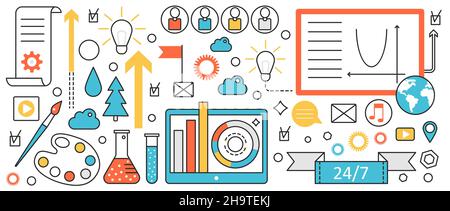 Web site development. Maintenance tools to create website graphic responsive interface, blog content analysis and technical support, programming in infographic concept banner, thin line art design Stock Vector