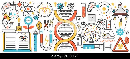 Genetics and bioengineering science technology. Human dna, gene and medical nanotechnology, creative discovery in laboratory experiment and analysis infographic concept banner, thin line art design Stock Vector