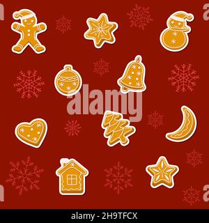 Gingerbread sticker set with gingerbread man, star, ball, christmas tree, snowman, house, bell and heart. Stock Vector