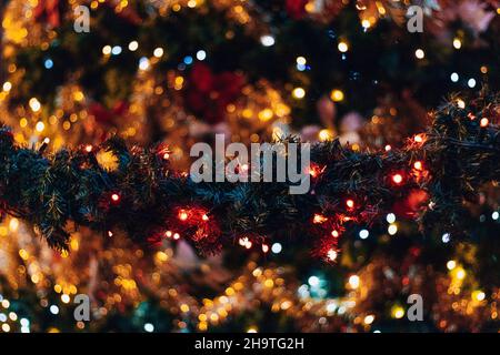 Colorful neon lights on christmas ornaments. Beautiful light decoration with lots of color. Stock Photo