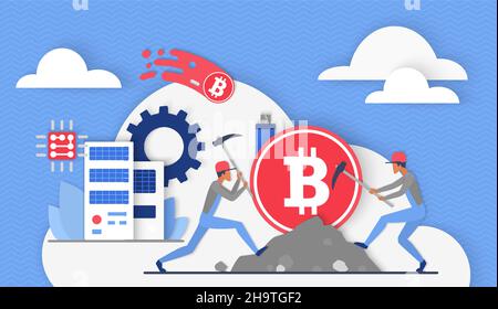 Bitcoin crypto currency, virtual data mining. Tiny miners work with picks in mine full of coins and profit, workers farming digital money flat vector illustration. Cryptocurrency, commerce concept Stock Vector