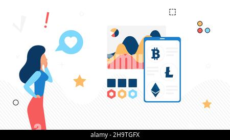 Businesswoman and financial trading symbols buying cryptocurrencies. Business exchange selling blockchain money , flat vector design Stock Vector