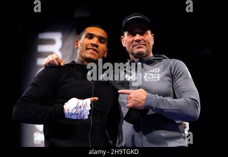 Conor Benn (left) with trainer Tony Sims during the media workout at The Black-E, Liverpool. Picture date: Wednesday December 8, 2021. Stock Photo