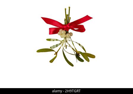 Red bow tied on a bunch of mistletoe with white berries and green leaves. Christmas decoration isolated on white. Stock Photo